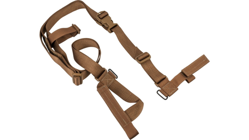 Brown Elite Survival Systems Quick-Adapt Tactical Sling with multiple adjustable straps and quick release buckle connectors, isolated on a white background.