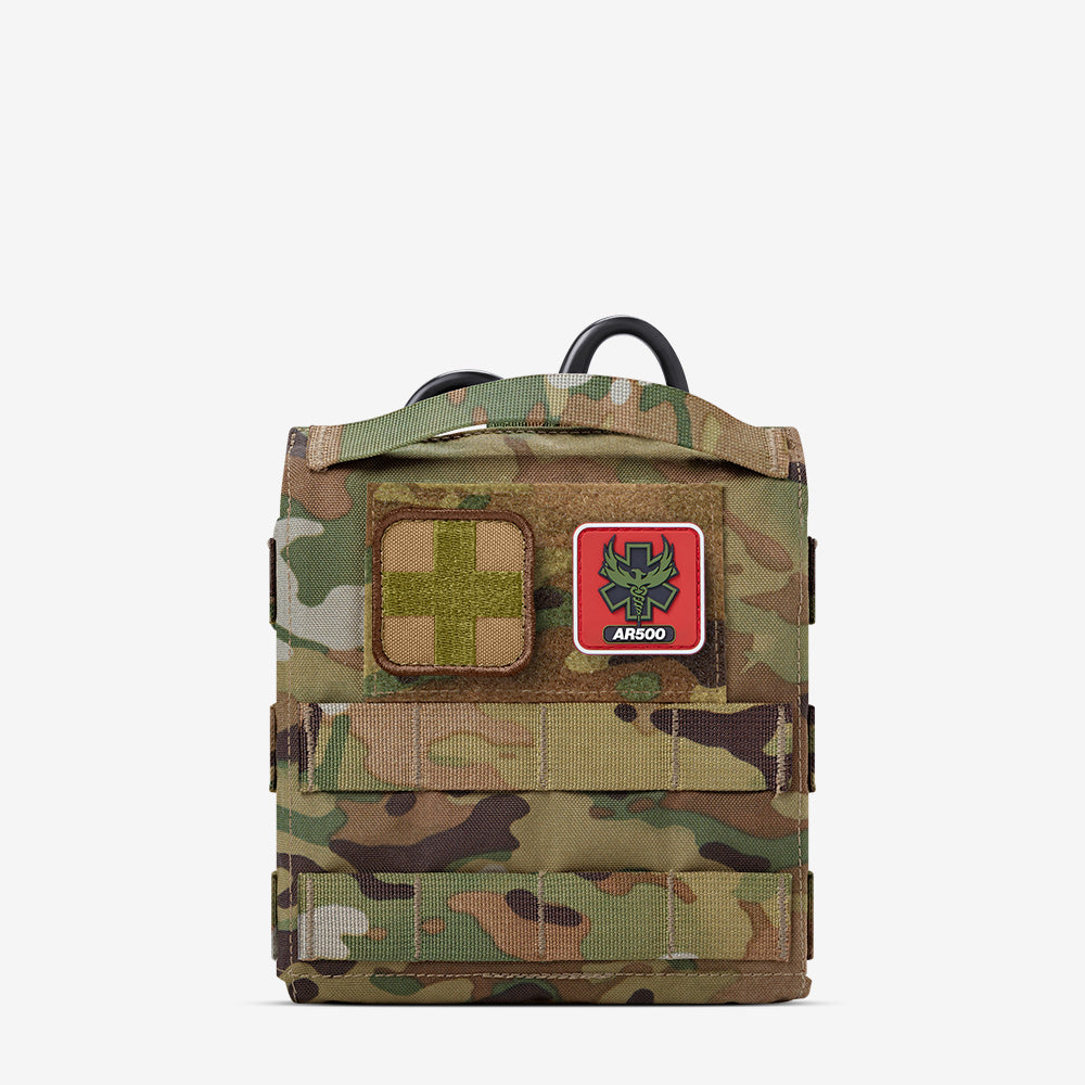 A medical bag with the AR500 Armor Quick Detach IFAK (QD IFAK) patch on it.
