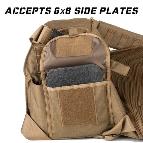 A Spartan Armor Systems tan sling bag with the words accepts 6 8 side plates.