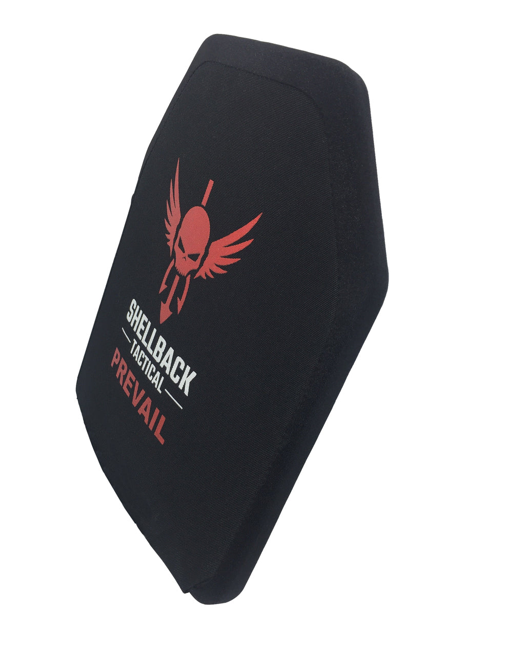 A Shellback Tactical Prevail Series Level IV Single Curve 10 x 12 Hard Armor Plate - Model 1155 with a red logo on it.