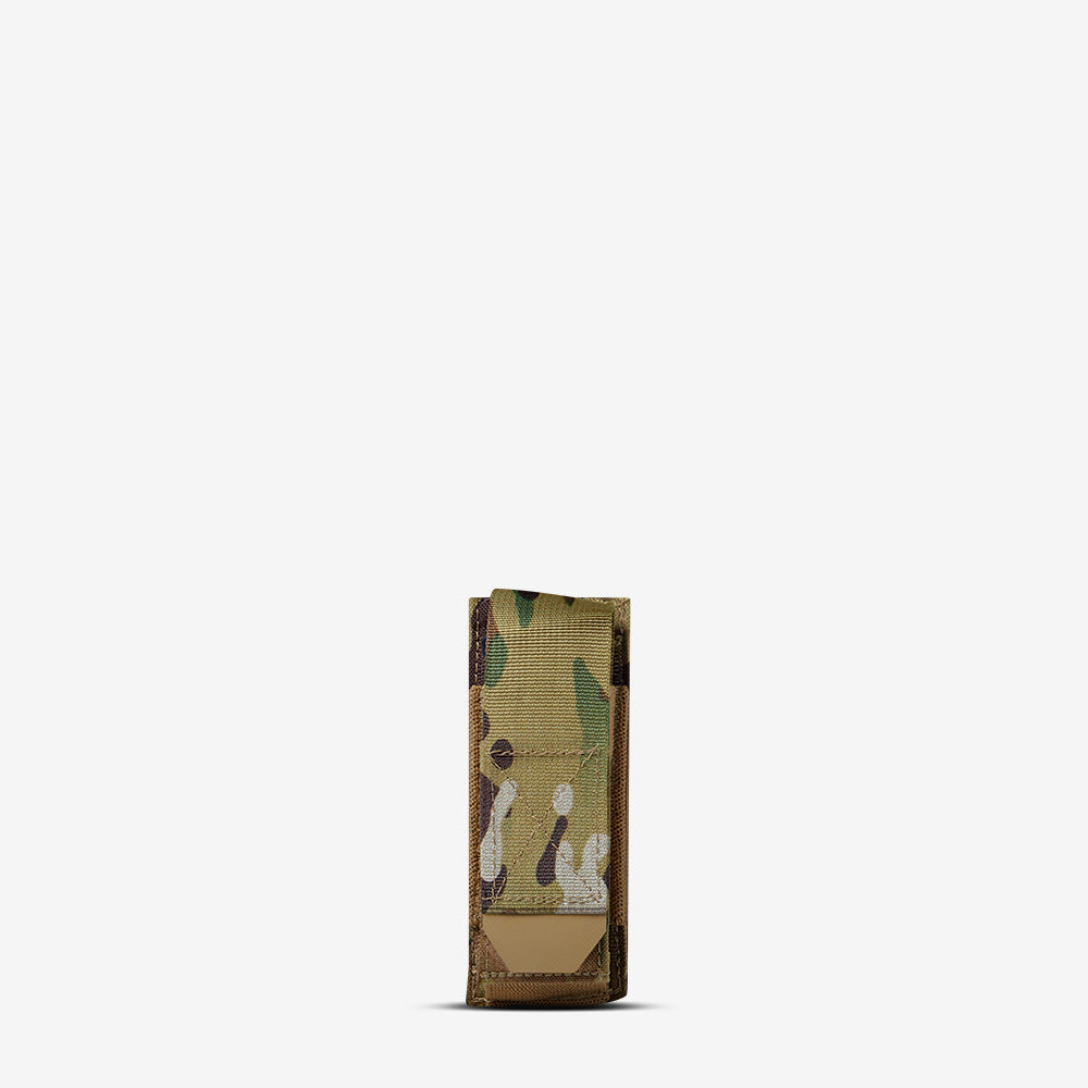 An AR500 Armor Multi-Caliber Pistol Magazine Single Pouch (MCPMP) with a camouflage pattern on it.