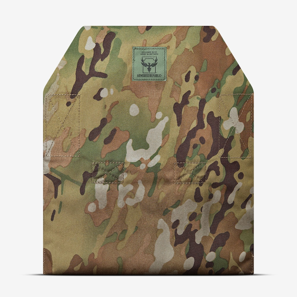 An AR500 Armor Adaptive Plate Insert bag with a camouflage pattern on it.