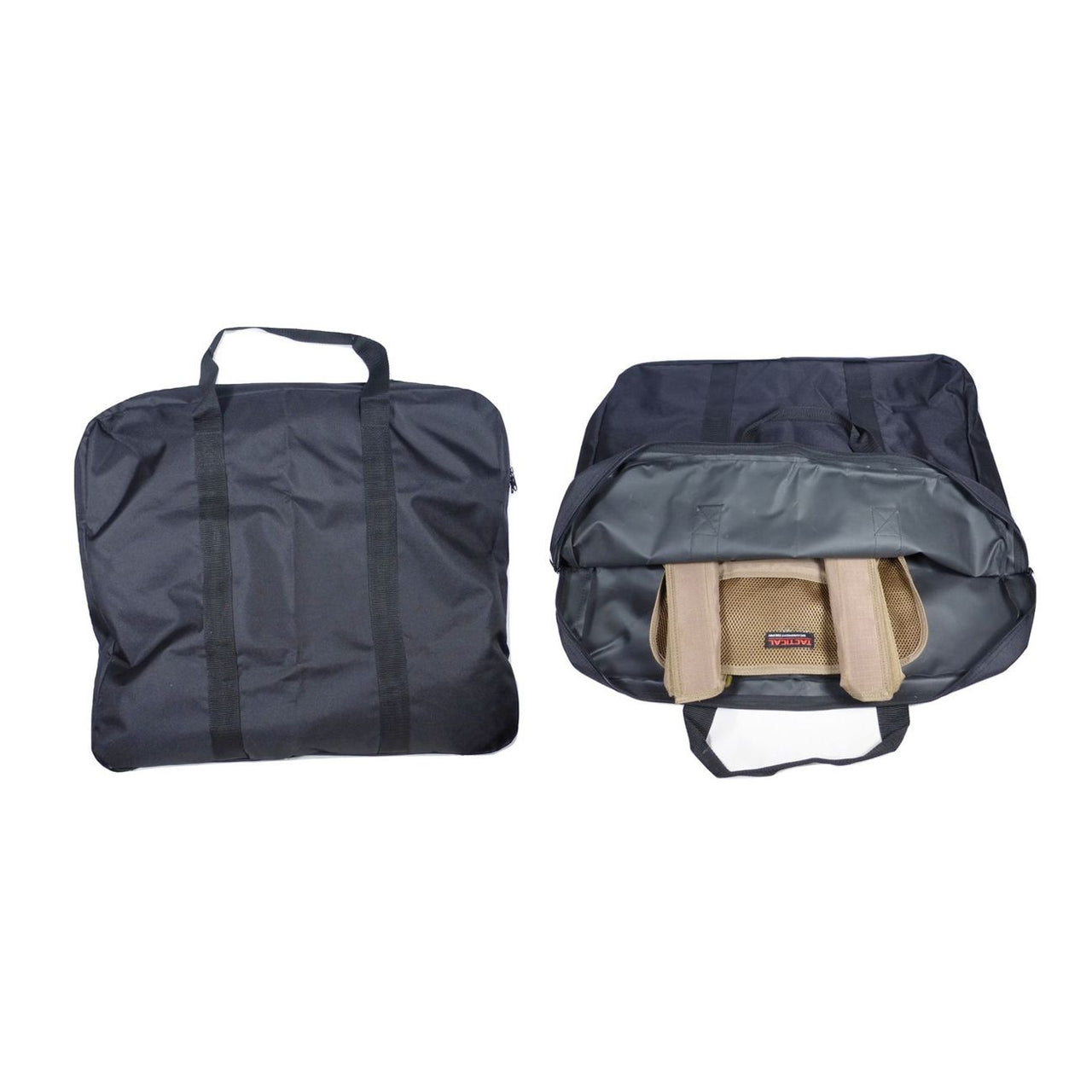 A Tactical Scorpion Gear Body Armor Carrier and Plates Storage Tote Bag Black with two compartments.