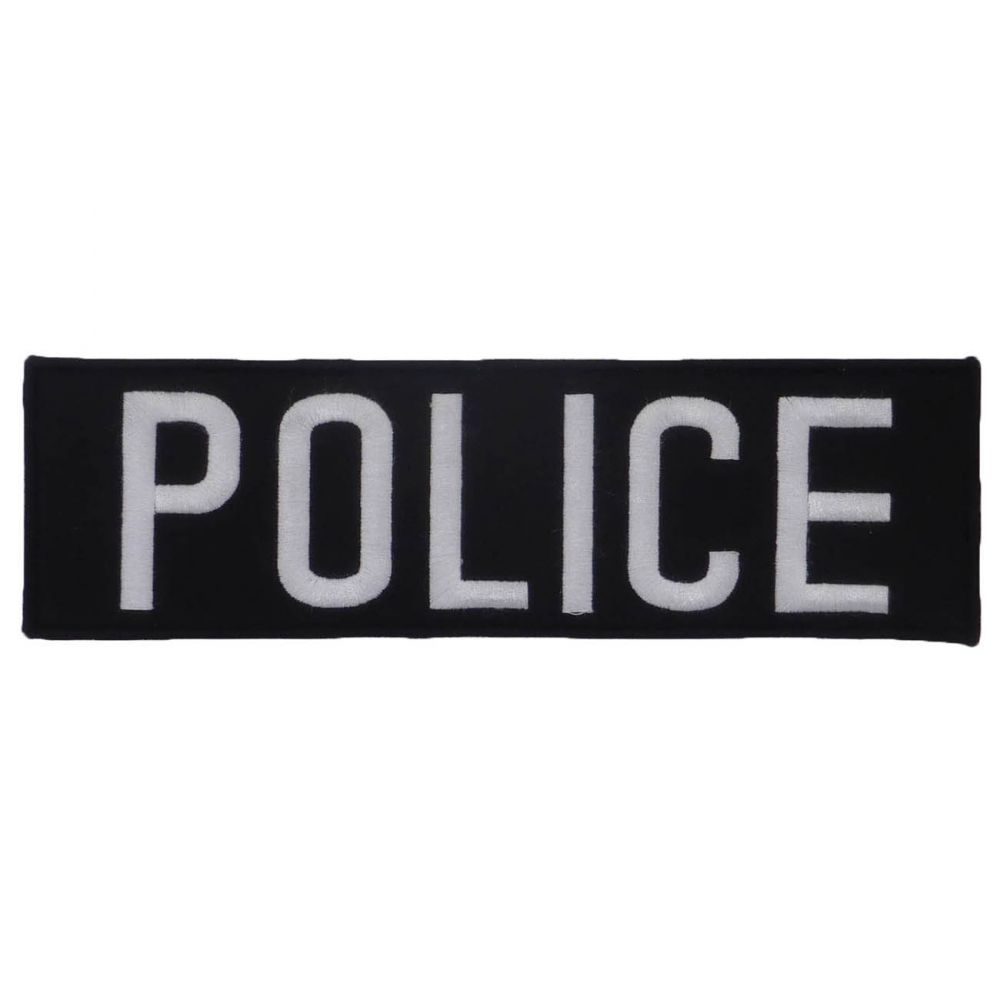 A Tactical Scorpion Gear Embroidered Black and White POLICE Insignia 2.5" X 9" logo on a white background.