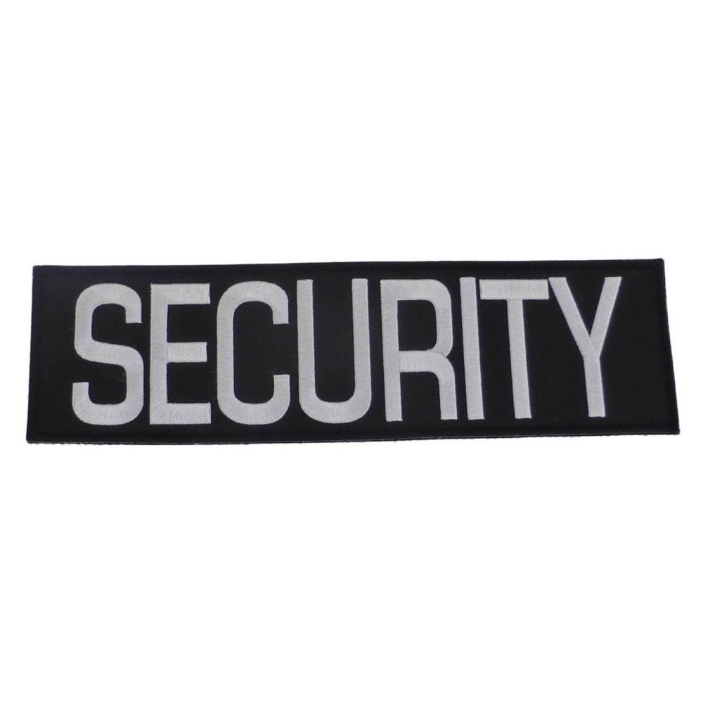 A Tactical Scorpion Gear Embroidered Black and White SECURITY Insignia 2.5" X 9" sticker with the word security on it.