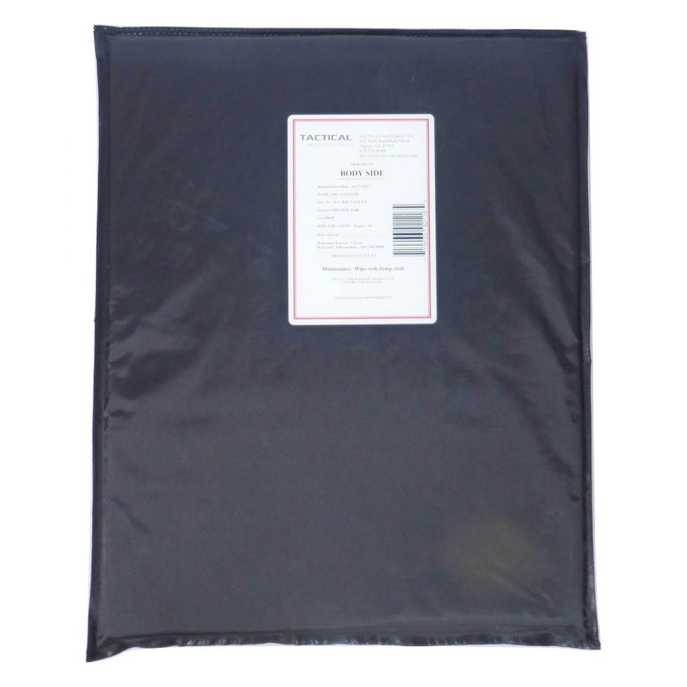 A black plastic bag with a label of Tactical Scorpion Gear Waterproof Level IIIA Soft Body Armor Rectangle 11" x 14" Plates | Stops .44 on it.