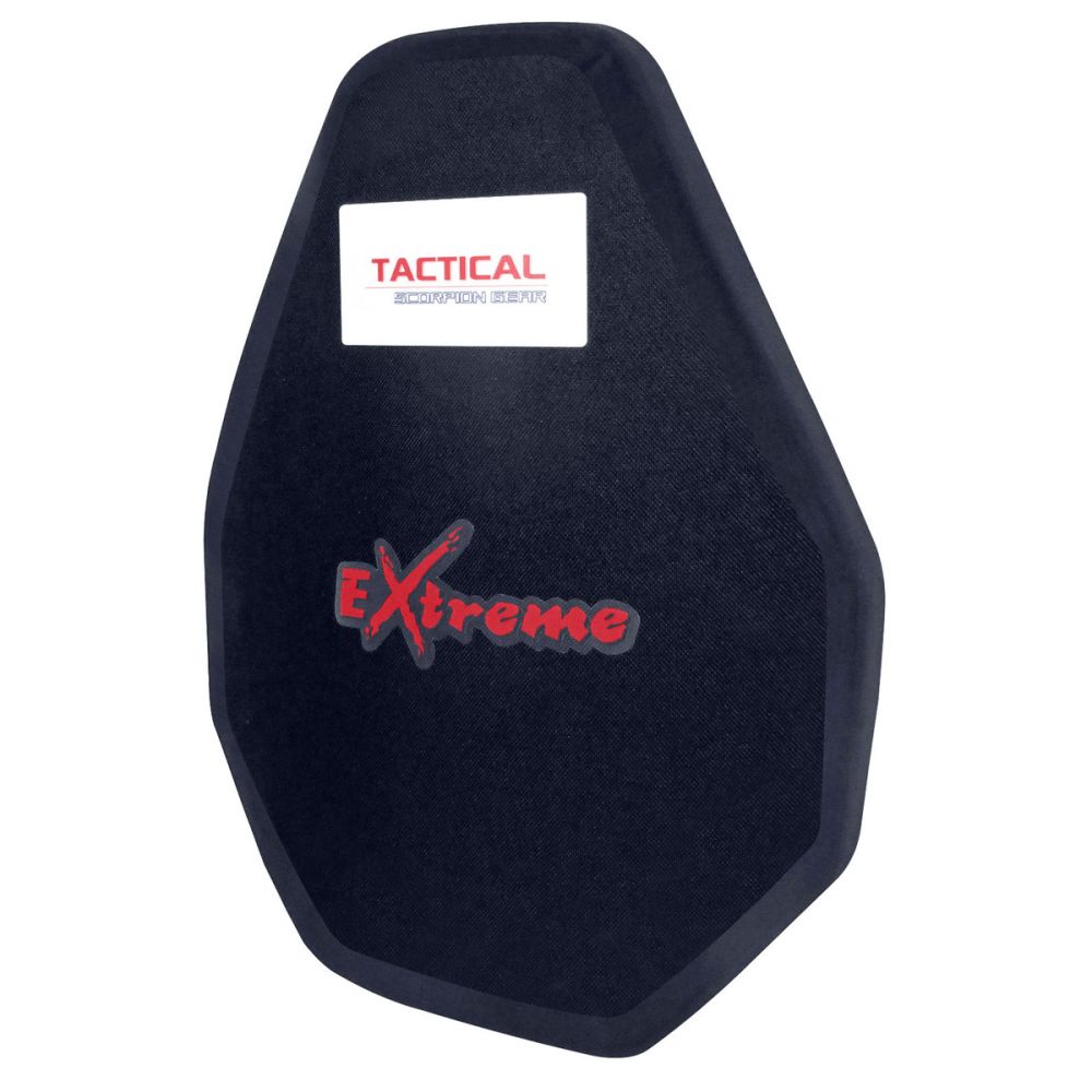 A black Tactical Scorpion Gear Level III+ Extreme PE Body Armor 11x14 Plate with the word extreme on it.