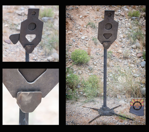 A set of pictures of a Spartan Armor Systems Diy Triple Tap metal target stand.