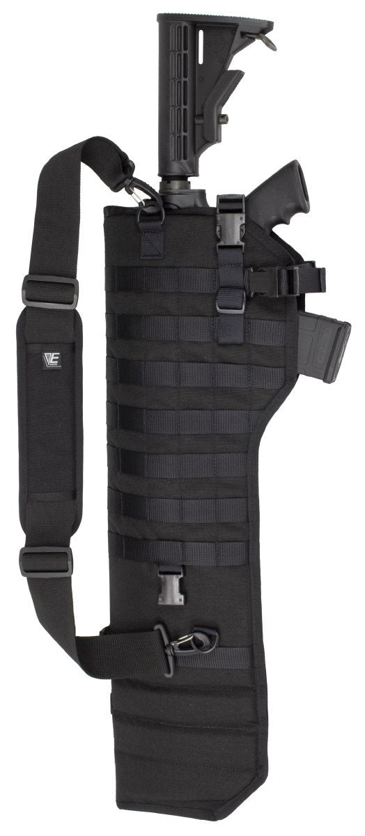 A black Elite Survival Systems Tactical Rifle Scabbard Case with a holster attached to it.