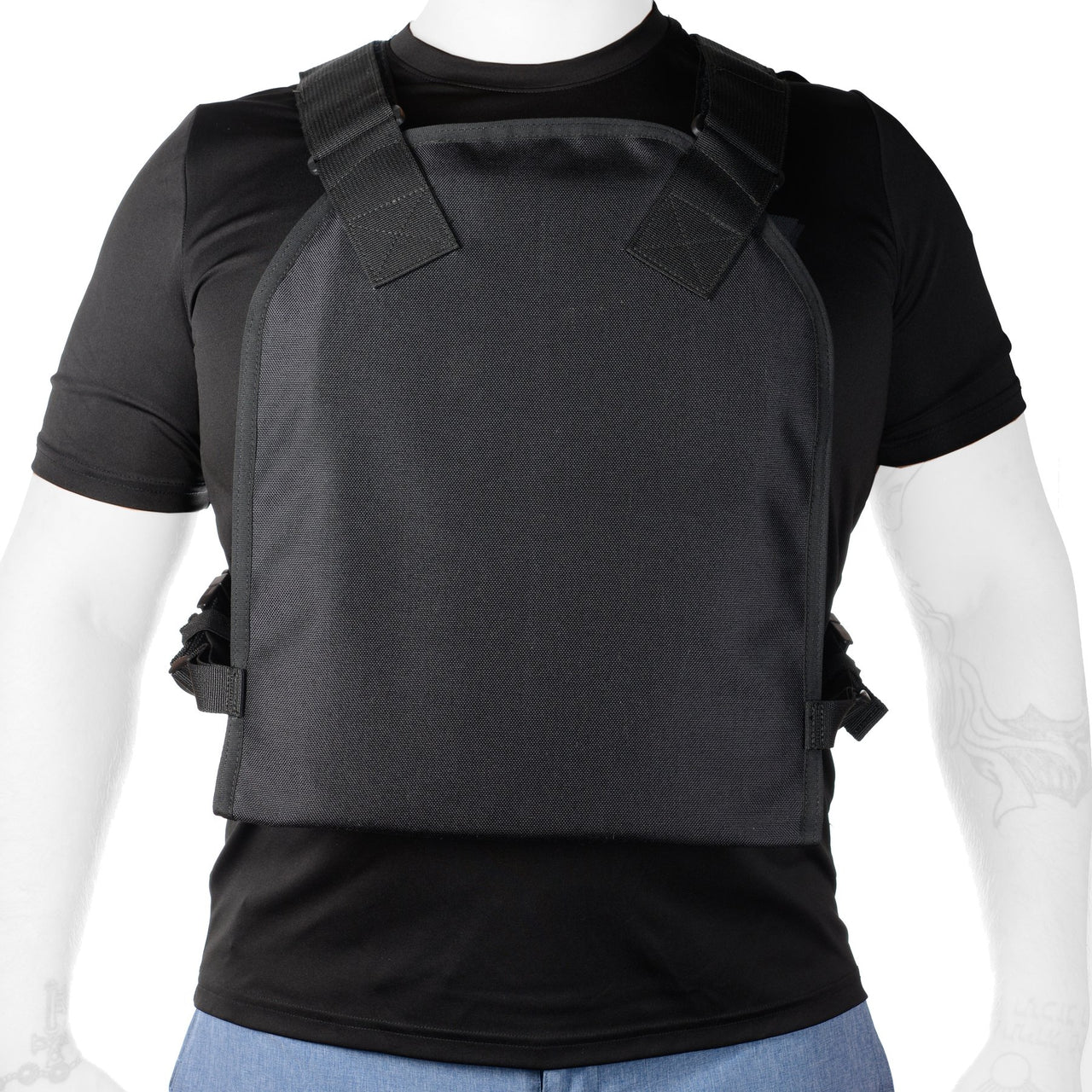 Mannequin wearing a black tactical t-shirt, Body Armor Direct Active Shooter Defense Kit, with shoulder straps and side adjustments, no head visible.