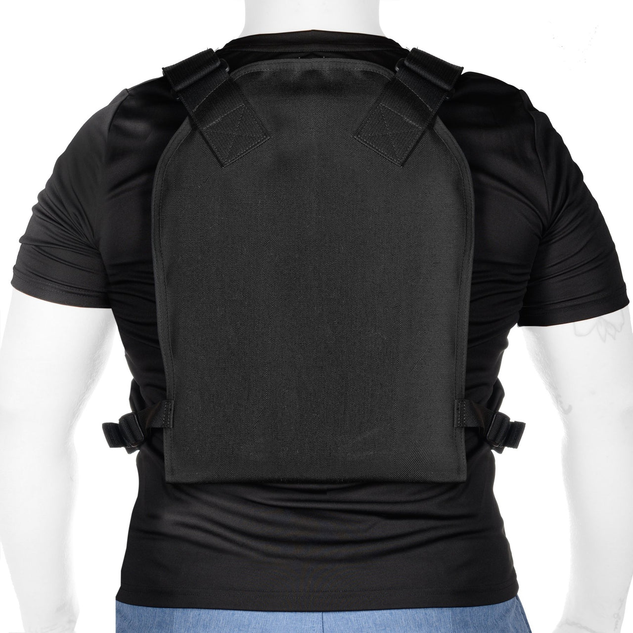 Rear view of a mannequin wearing a black tactical t-shirt with Body Armor Direct Active Shooter Defense Kit shoulder straps, shown against a white background.