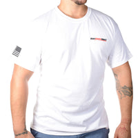 Thumbnail for Man in a white Body Armor Direct T-shirt with a logo on the left chest, tattoo visible on left arm, standing against a white background.