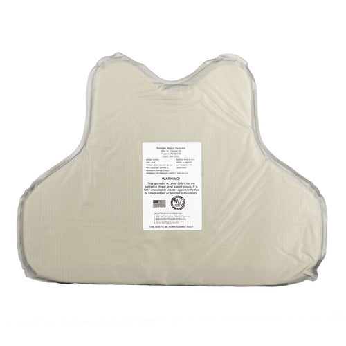 A beige Spartan Armor Systems Concealable IIIA Certified Wraparound Vest with a label on it.